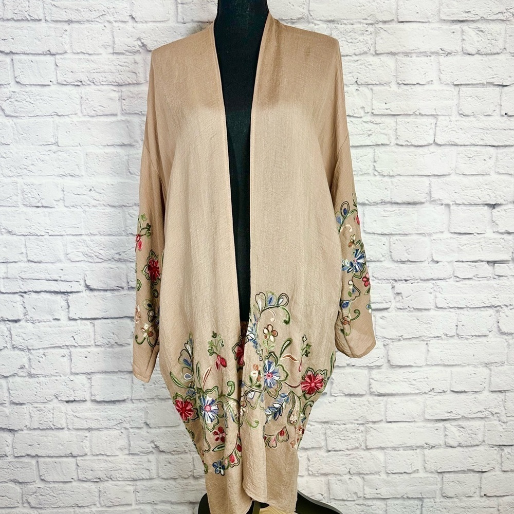 Fun In Florals Mocha Floral Embroidered Long Tan Cardigan Kimono - Picture 2 of 9